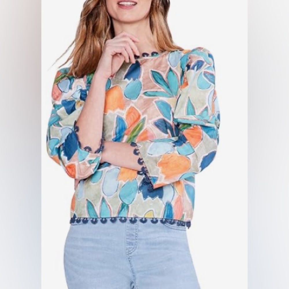 NIC+ZOE Citrus Grove Puff Sleeve Top Multi-Colored Size Large